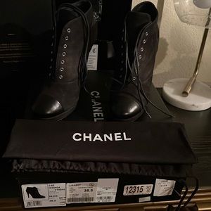 CHANEL Black Heel Lace Up Ankle Boot Size 38.5